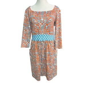J McLaughlin Dillards Emma Dress Catalina Cloth Blue Orange Boat Neck Modest‎ LG